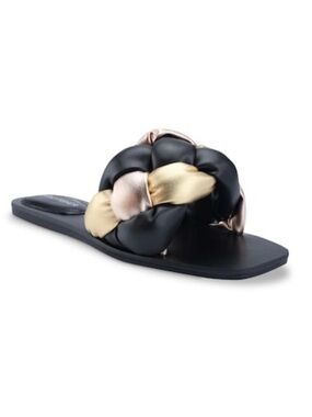 Marc Fisher Bolier Sandal Size 8.5 Black Gold Slip On Quilted Padded